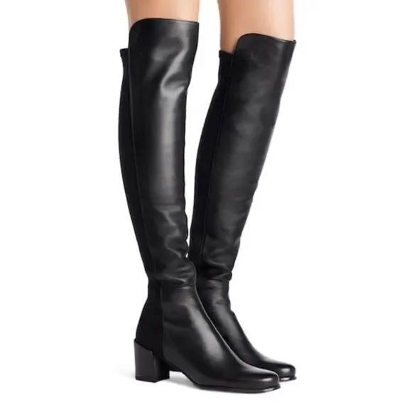 Stuart Weitzman 5050 Over the Knee Boots- Black Leather City Block Heel Size 4 - Picture 1 of 8